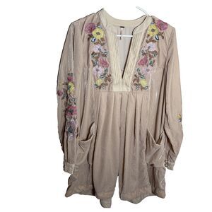 Free People Dress Women's XS Velvet V-Neck Embroidered Floral Boho Mini